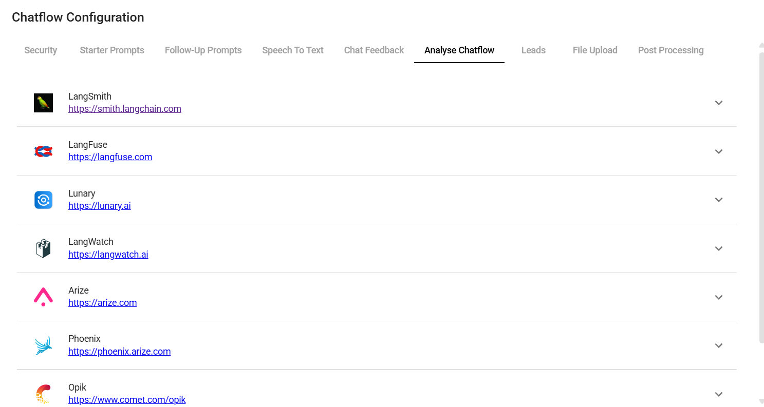 Screenshot of the Analyse Chatflow section with the different Analytics providers